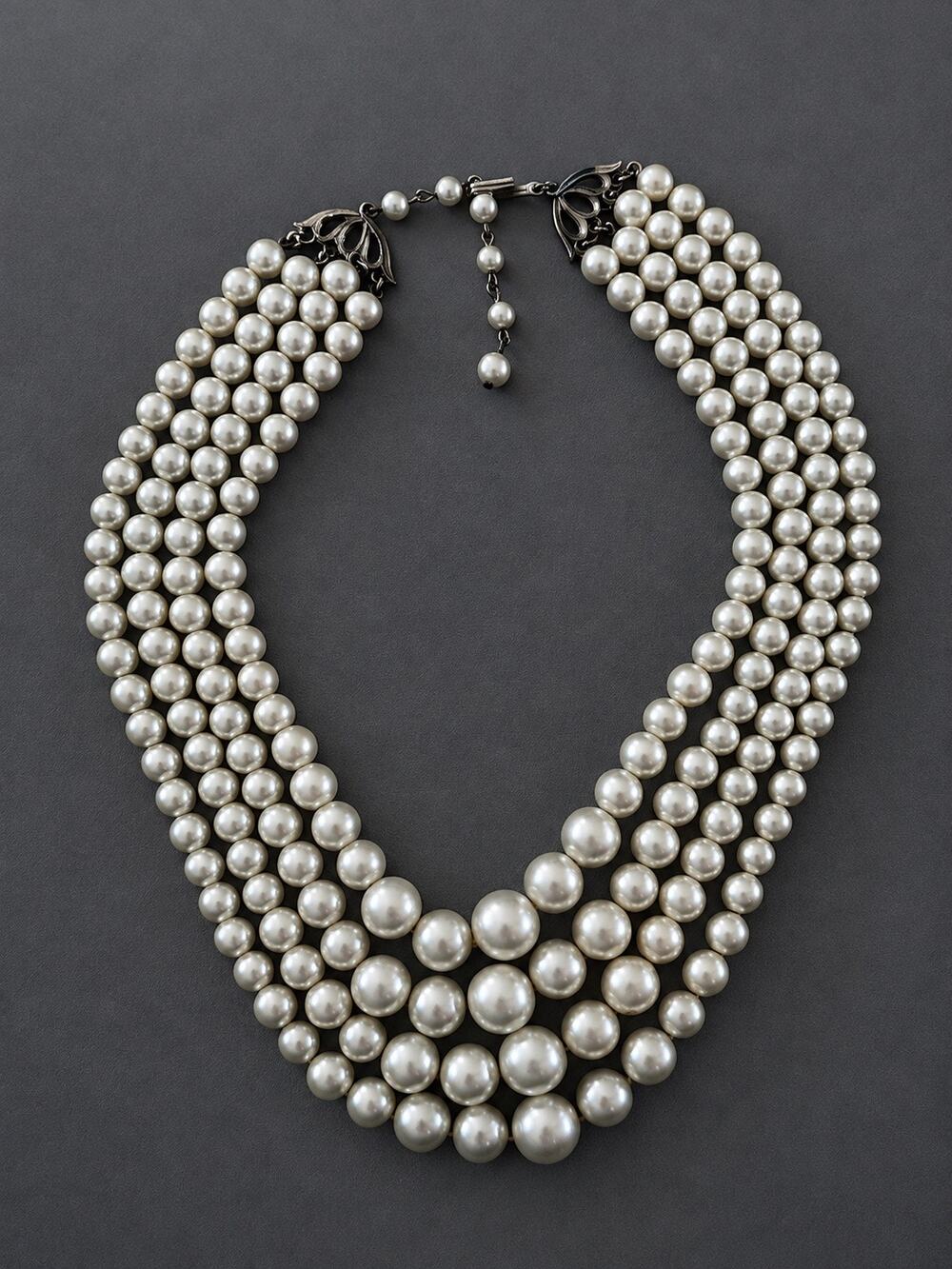 Vintage Style 4 Strand Faux Pearl Statement Necklace Silver Tone